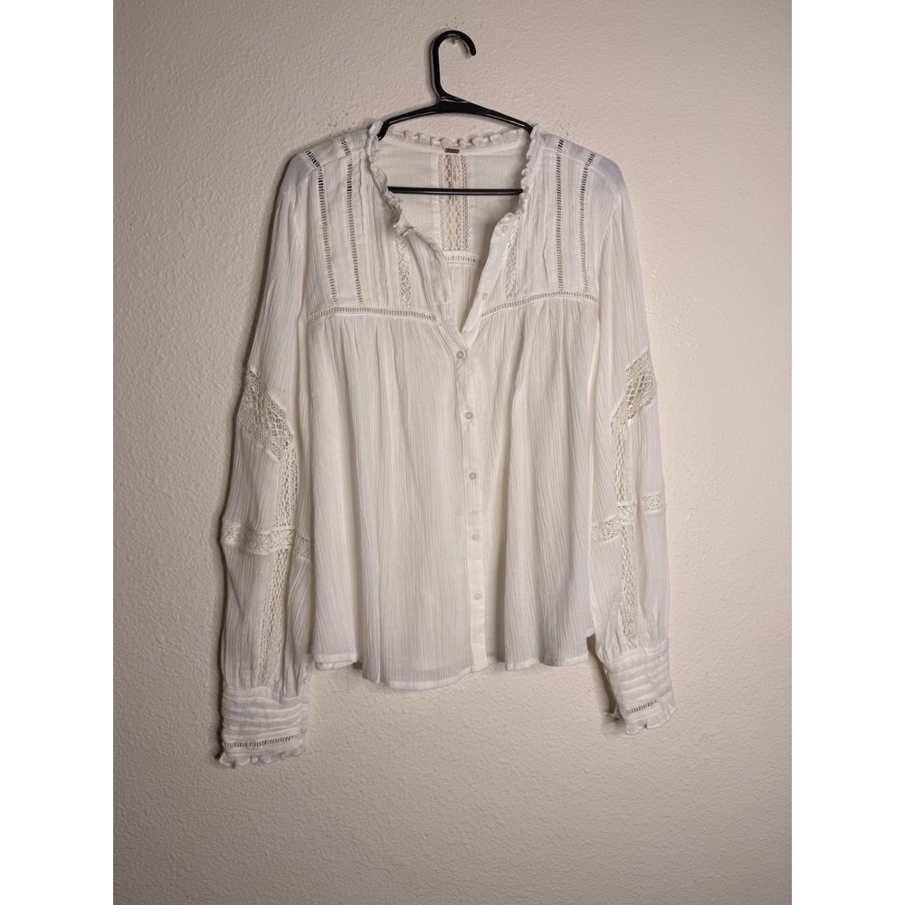 Free People Crochet Lace Blouse Womens Top 100% Cotton M White Boho Coastal